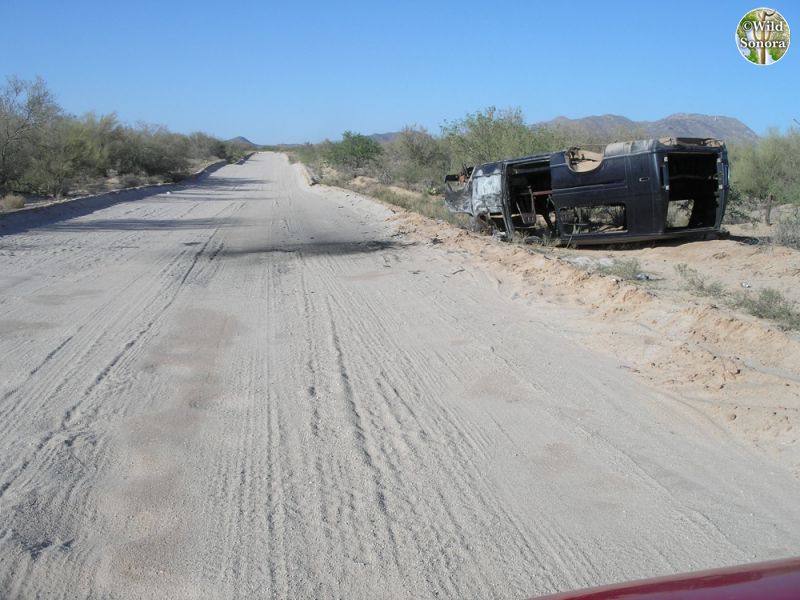 Burned-out migrant van on Altar/Sasabe