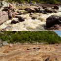 Photo comparison of La Morita rapid in medium and high flows