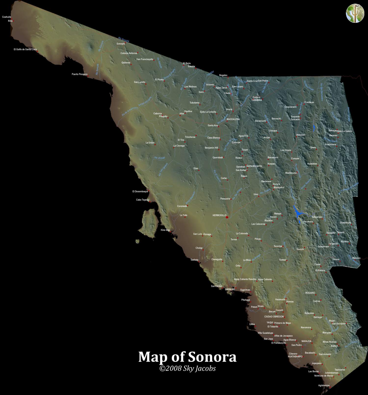 Map of topography, major roads, and rivers of Sonora, Mexico